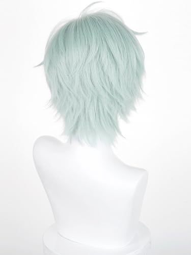 Image of Half and Half Short Light Green Anime Male Wig for Till Cosplay Green Wigs with Bangs for Men Light Teal Spiky Layered Wigs for Unisex Women Halloween Party Costumes