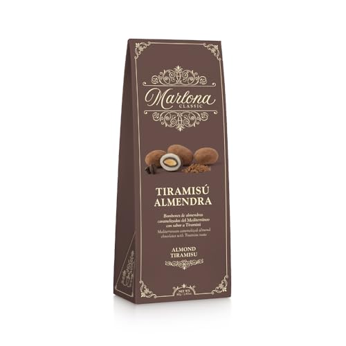 Marlona Tiramisú: Bombones de almendras caramelizadas del Mediterráneo con un Praliné de almendras con sabor a Tiramisú. Estuche de 80g