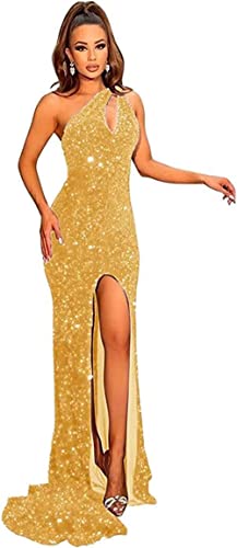 Sukleet Women's One Shoulder Sequin Mermaid Prom Dresses Long Split Formal Party Cocktail Dress