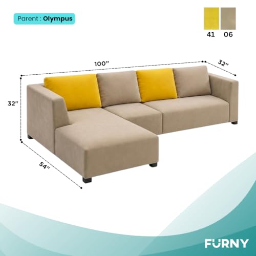 Image of FURNY Olympus 6 Seater LHS L Shape Sofa Set | Plush Velvet Suede Fabric | Modern Design | Soft Comfort Dual Color Cushions for Living Room, Office & Hotels (Beige-Yellow)