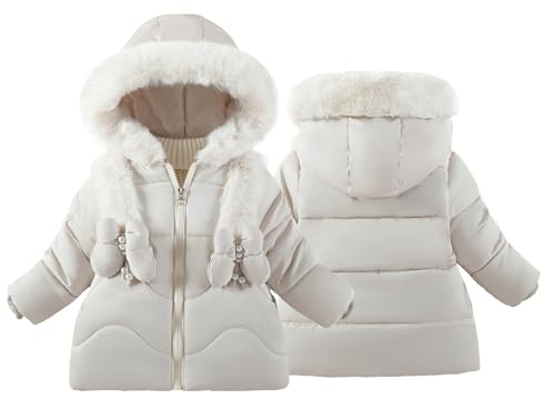 KEOYA Baby Winter Jacket Coat Zip Hooded Jacket Windproof Butterfly Jackets Warm Fleece Outerwear Snowsuit with Two Pockets for Girls White 1-2Y