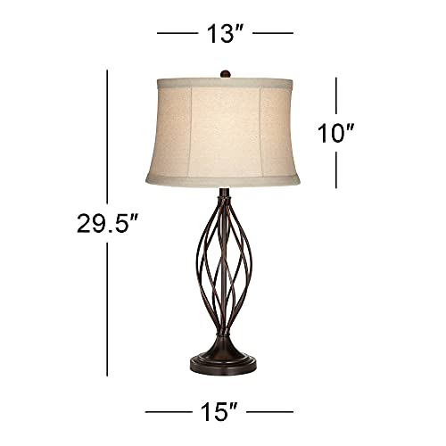 Franklin Iron Works Liam Modern Industrial Table Lamp 29 1/2" Tall Deep Bronze Brown Open Twist Iron Tan Fabric Bell Drum Shade For Bedroom Living Room House Home Bedside Nightstand Office Family #TOP29