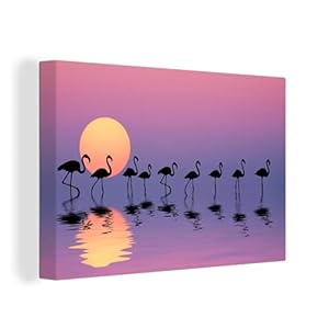 MuchoWow Canvas Schilderij Decoratie – 90×60 cm – Flamingo – Water – Reflectie – Wanddecoratie Muurdecoratie Woonkamer…