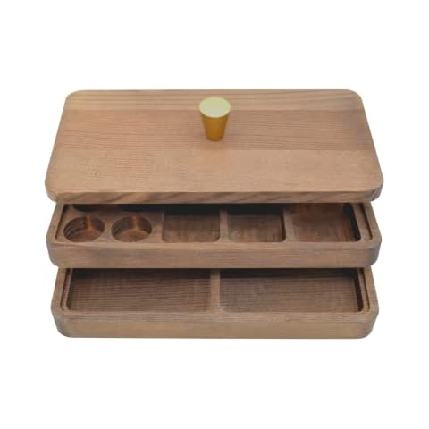 Wooden Jewellery Box, featuring two levels with individual compartments for rings, necklaces, earrings and larger items. Pine wood with brass handle. Size - 20x10x8 cm. UK Brand Cover