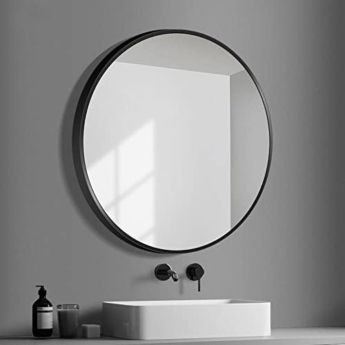 Hosoncovy 30CM Round Mirror Bathroom Mirror Wall Hanging Mirror Makeup Mirror Full Length Mirror Vanity Mirror for Bathroom Living Room Bedroom (Black)
