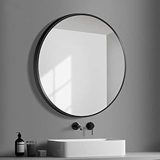 Hosoncovy 30CM Round Mirror Bathroom Mirror Wall Hanging Mirror Makeup Mirror Full Length Mirror Vanity Mirror for Bathroom Living Room Bedroom (Black)
