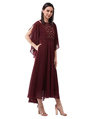 Image of Miss Chase Women's Wine Solid Relaxed Fit Round Neck Flared Sleeve Maxi Dress