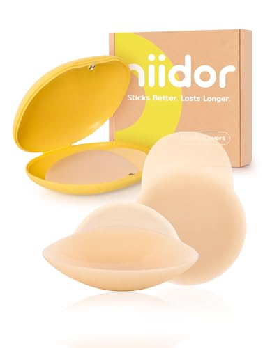 Niidor Nipple Covers for Women with Lift- Silicone Reusable Pasties Breast Petals No Show Under Any Oufit for All Day Comfort Creme 9CM Small