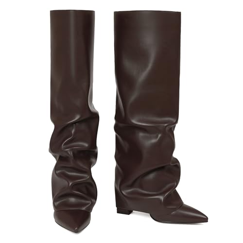 Image of SaraIris Women's Slouchy Knee High Boots - Black, Pointed Toe, Fold Over, Chunky, Shark Boots