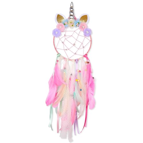 MHJY Grand attrape-rêves licorne pour filles - Accessoires de chambre d'enfant - Fait à la main - Fleurs colorées - Décoration murale - Cadeau d'anniversaire