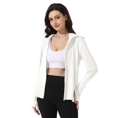 Mingyuezai Women's UPF 50+ Sun Protection Jacket UV Lightweight Hooded SPF Long Sleeve Sun Shirt(Z3724WH,M)