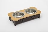 2 qt. 5.25 in. Low High Double Poly Wood Dog Bowl with 2 Stainless Steel Bowls Light Oak Top & Milwaukee Brown Base