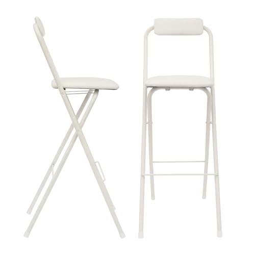 Image of 2Pcs Folding Bar Stool with Backrest, 30 Inch Tall Foldable Stool Chair Metal Frame Portable Chairs Portable Bar Chair Collapsible Stools Barstools w /Leather Padded for Kitchen Shop Cafe (2PCS /White)