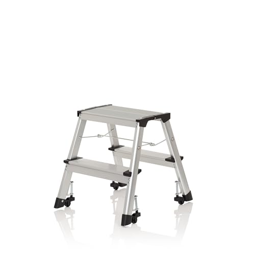 hjh OFFICE 830024 Trittleiter mit Rollen SOLID VI Aluminium Klapptritt mit 2 Stufen beidseitig begehbar, bis 150kg belastbar