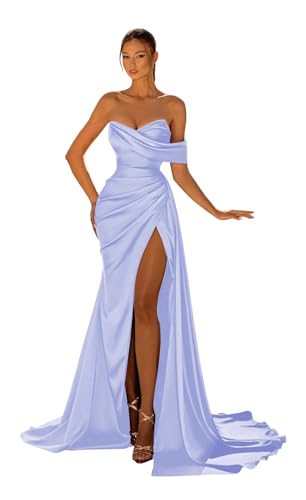 Women's Satin Bridesmaid Dresses with Slit Mermaid Off Shoulder