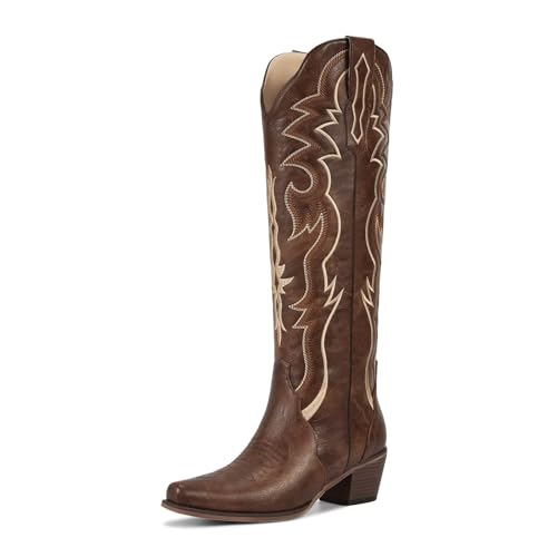 Image of wetkiss Cowboy Boots for Women Knee High, Low Heeled Stable and Comfortable | Knee High Cowgirl Boots,Western Boots with Embroidery,Pull On,Slip On,Non-slip Rubber Sole,Soft and Breathable PU Leather