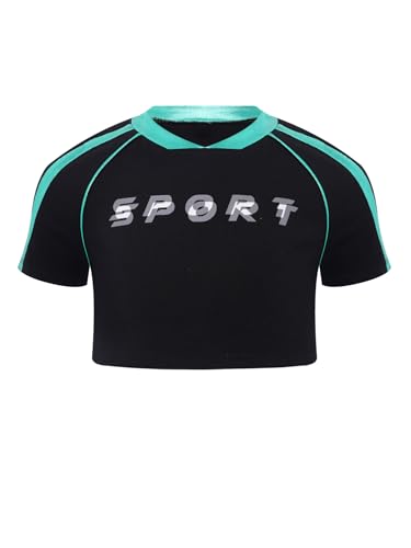 Kids Girls Letter Print Crop Top Color Block Short Sleeve T-Shirt Athletic Sports Activewear