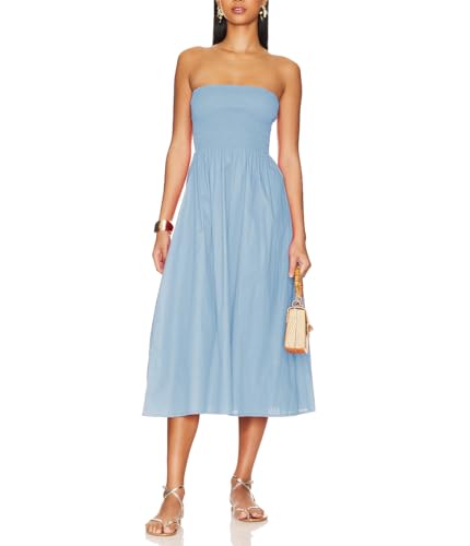 Image of Women Strapless Smocked Flowy Swing Boho Maxi Dress Tube Top Beach Dress | Smocked Bodice Flowy A Line Beach Dress with Pocket Casual Vacation Beach Wedding Guest Dress Off Shoulder Boho Dresses