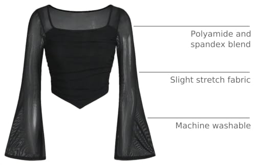 Image of Floerns Girls Bell Long Sleeve Square Neck Asymmetrical Hem Mesh Ruched Crop Tops Tees