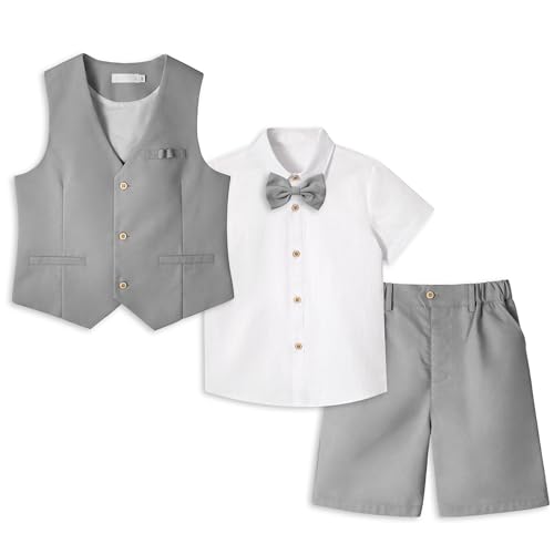 LOLANTA 4 STK Pagen Junge Kurzanzug, Kinder Leinen Sommer Anzug, Festliche Sommerhochzeit Taufe Zeremonie Outfit, Geburtstag Partykleidung, Kind Westen Shorts Set, Hellgrau, 8-9 Jahre
