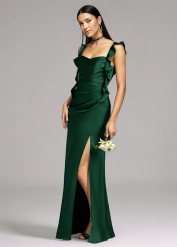 Satin Spaghetti Straps Bridesmaid Dresses Maxi with Slit Cowl Neck Mermaid Formal Party Dress for Women4