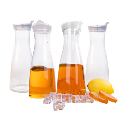 WELKOR 4 pack 35oz Plastic Water Carafe with Flip Top Lid, Round Base Juice Containers for Mimosa Bar - BPA-Free Leakproof Beverage Pitcher for Water, Iced Tea, Milk & Fridge Storage（4Pack/35oz ）