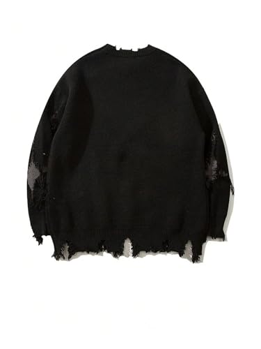 SHENHE Men's Oversized Skull Sweater Gothic Crewneck Long Sleeve Ripped Punk Sweater Pullover2