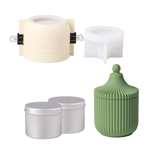 Boowan Nicole Carousel Ridged Candle Jar Silicone Molds for Concrete Cement Candle Jar Molds with 6oz Candle Tin DIY Storage Home Decoration (SH1031-1-2+2)