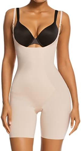 SHAPERX Tummy Control Shapewear for Women Seamless Colombianas Bodysuit Open Bust Mid Thigh Body Shaper Shorts, SZ2490293-Beige-L