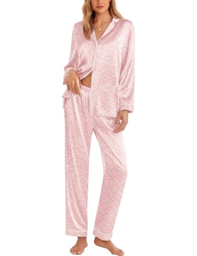 Image of Ekouaer Pajamas for Women Silk Satin Button Down Long Sleeve Pajama Sets