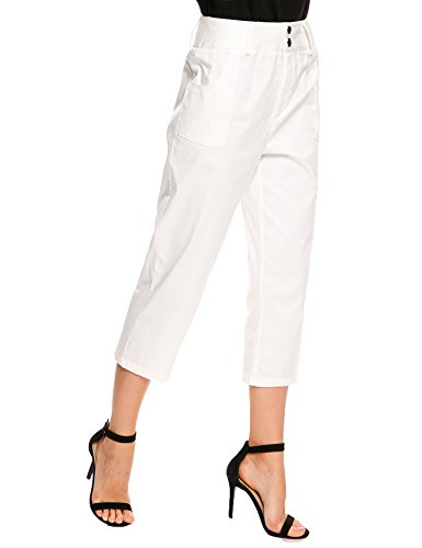 Women High Waist Zip Fly Solid Slim Work Casual Capri Pants White