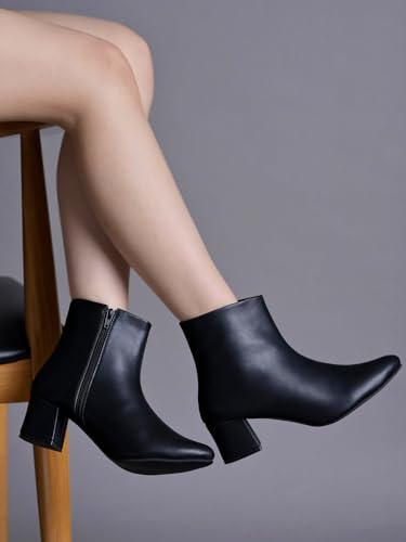 Image of Shoetopia Women's Ankle Boots - Faux Leather Pointed Toe Booties with Side Zip & Mid Block Heel for Work, Party & Everyday