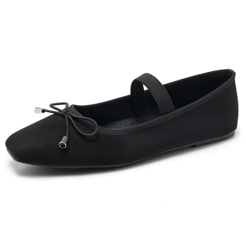 MaxMuxun Ballet Flats for Women Closed Square Toe Mary Jane Flats with Bow Elastic Strap Comfortable Dressy Women's Flats