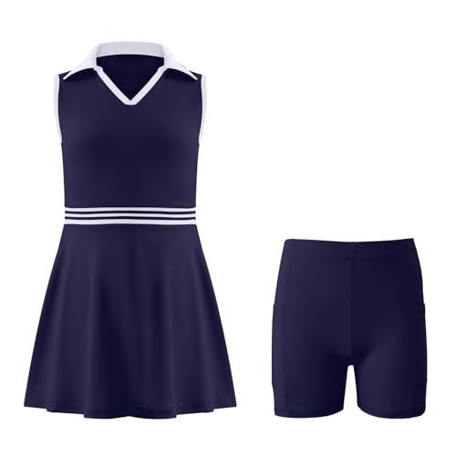 Image of Girls Tennis Dress Golf Outfit Sleeveless Athletic Dresses Polo V Neck Sport Skirt with Pockets 4-13Y