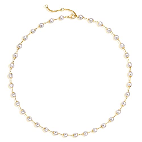 Fettero Pearl Choker Dainty Adjustable Necklace - 14K Gold Plated Cultured Tiny Station Chain Delicate Mother's Valentine Jewelry For Women #TOP14