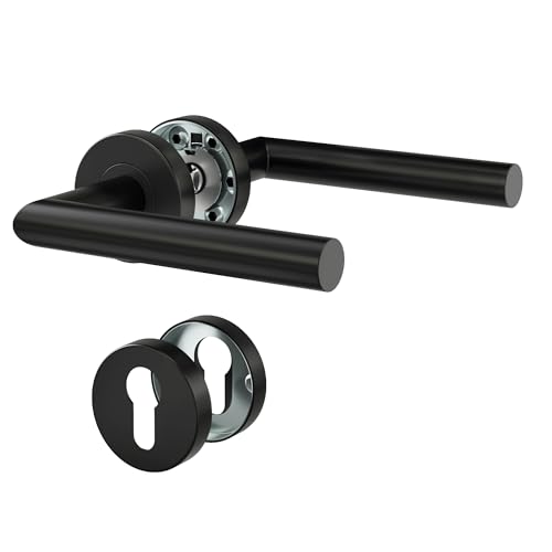 DIYGEEK Türgriffe Innentüren, Türklinke Schwarz Pulverbeschichtet für Drückergarnitur/Rosettengarnitur Zimmertür, Türgriff-Set Edelstahl mit Rosette Ø 52 mm PZ-Profilzylinder, L-Form
