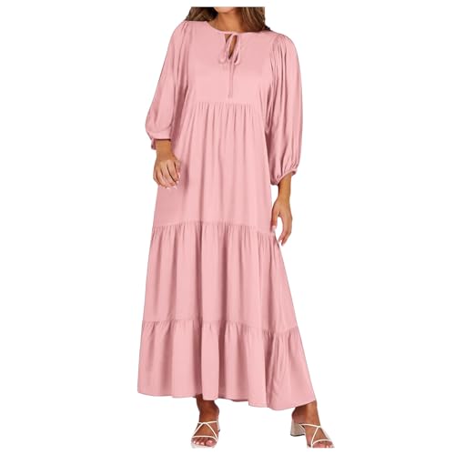 Vestido de mujer con mangas de aleta de cintura alta Boho Chic con volantes de punto Smock Suelto A-Line Swing Flowy Layered Volant Midi Vestido Carnaval Vestido Playa Vestido Hawaiana, rosa claro, S