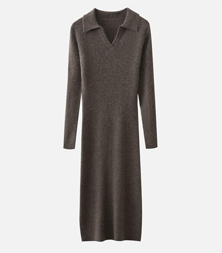100% Merino Wool Sweater Dress Women's Long Sleeve Knitted Flip Collar Fall Winter Slim Long Tops4