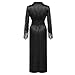 Womens Floral Lace Satin Bathrobe Sexy See-through V Neck Full-Length Robes Long Sleeve Nightgown Sleepwear Black