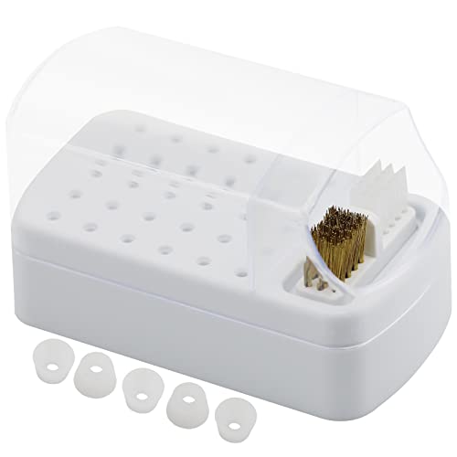 C12Rtive 2-In-1 Nail Drill Bits Holder,30 Holes Nail Drill Bits Organizer With Steel Wire & Nylon Brushes,Portable Transparent Drill Bit Display Box(White) #TOP3