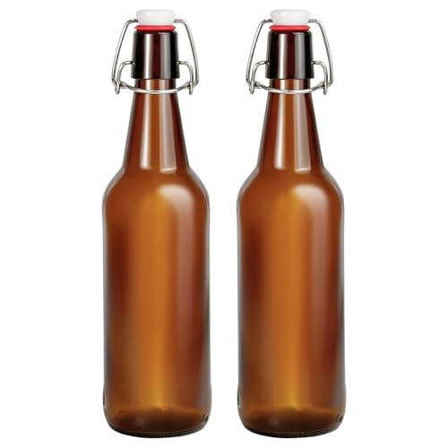 JOBVERT 2 Pack Amber Glass Beer Bottles, 16oz Swing Top Glass Bottles with Airtight Lid for Home Brewing,Kombucha, Vanilla Extract, Coquito, Vinegar, Beer