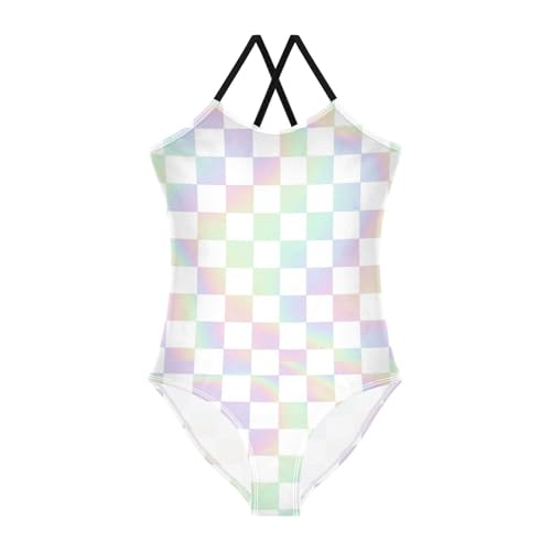Image of Black and White Chess Girls One Piece Swimsuits Board Marble Tile Sport Halter Swimwear Beach Bathing Suit 3T