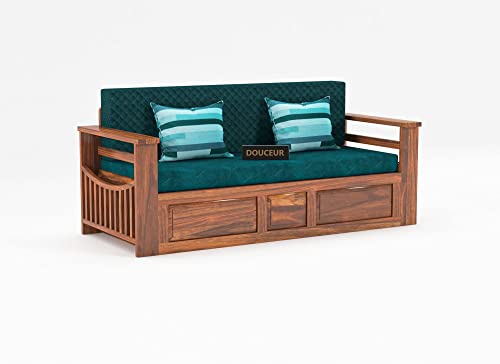 Image of Douceur Furnitures Solid Sheesham Wood Wooden Frame Three 3 Seater Sofa Cum Bed for Living Room,Hotels,Apartment & Hall | Finish:-Natural Finish | Cushion:-Bottle Green