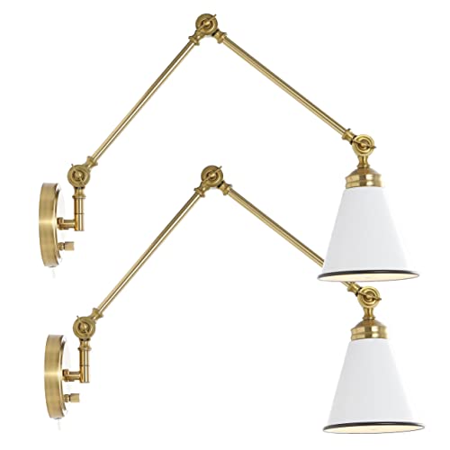 Wingbo Swing Arm Wall Lamp Set Of 2, Modern Adjustable Wall Mounted Sconce, Warm Brass Finish And White Metal Shade #TOP4