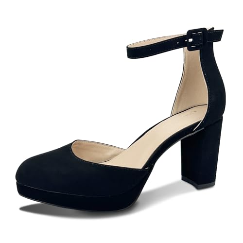 Chunky Closed Toe Heels for Women, Women's Platform Chunky Heels Closed Toe Block Ankle Strap Dress Buckle Round Toe Wedding Party Comfortable Pumps Shoes