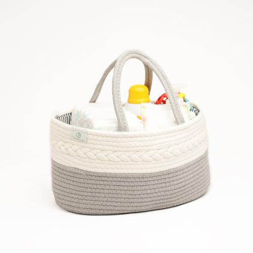 Oliver & Emilia Diaper Caddy - Portable Woven Baby Organizer Basket w/Handle, Nursery Changing Caddies & Dividers, Dresser Organizer, Cotton Rope Stuff Holder, Wipes Storage, Must Haves Newborn, Gift