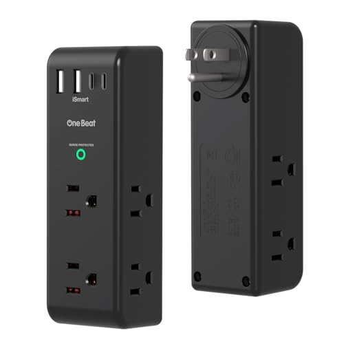 Image of Surge Protector Outlet Extender with Rotating Plug, 6 AC Multi Plug Outlet with 4 USB Ports (2 USB C), 3-Sided 1800 J Swivel Power Strip with Spaced Outlet Splitter for Home Dorm, Black, 2 Pack