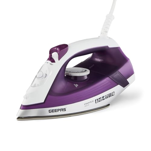 GEEPAS Steam Iron | Clothes Dry & Steam Press | 35s Fast Heat-Up Vertical Steaming | Ceramic Soleplate & Adjustable Temperature | 460ml Water Tank with 0.7g/Steam Output | 2 Year Warranty 2000W Purple