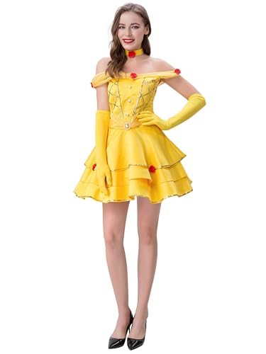 Monissy Femme Princesse Adulte Costume La Belle et la Bête Robe Courte Déguisement avec Gants Jaune Carnaval Halloween Cosplay Carnaval Noël Soirée...