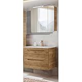 Lomadox Badmöbel Waschplatz Set mit 81 cm Waschtisch & LED-Spiegelschrank, Wotan Eiche Nb., B/H/T ca. 81/200/46 cm
